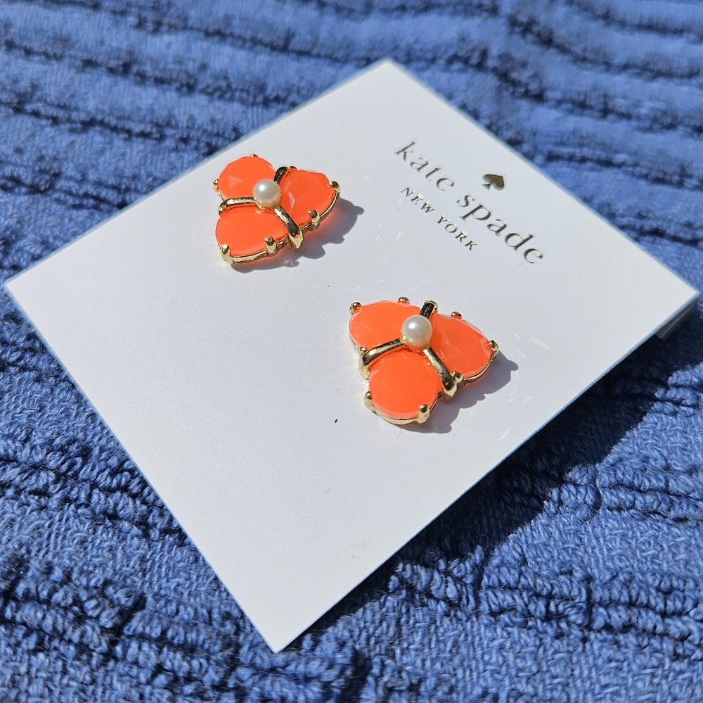 kate spade Coral Crystal Cluster Stud Earrings Faux Pearl 14k Gold Plated NWT - Picture 4 of 12